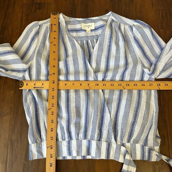 EVERLY Long Sleeve Blue Striped Wrap Top - Picture 7 of 8